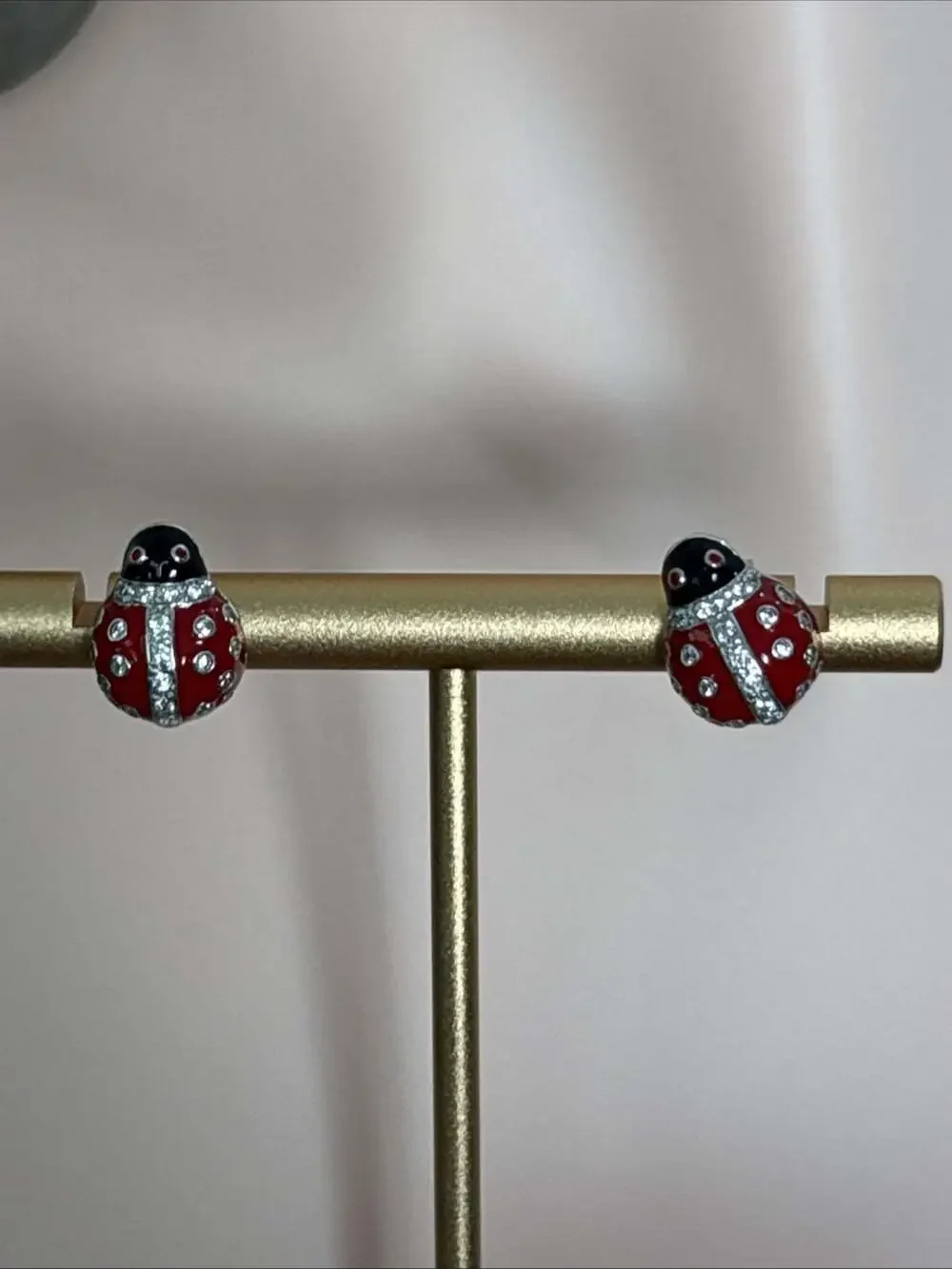Sterling Silver 925 Red & Black ENAMEL LADYBUG Stud Earrings Cubic Zirconia CZ